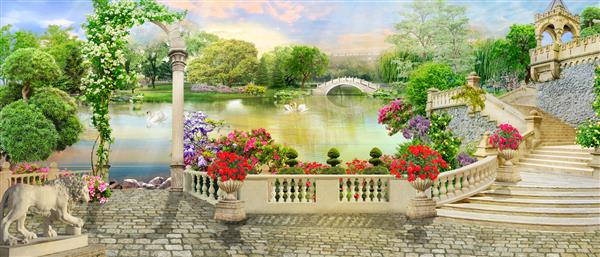 نقاشی دیواری دیجیتال تراس گل و دسترسی به دریاچه با قوهای سفید و منظره پارک