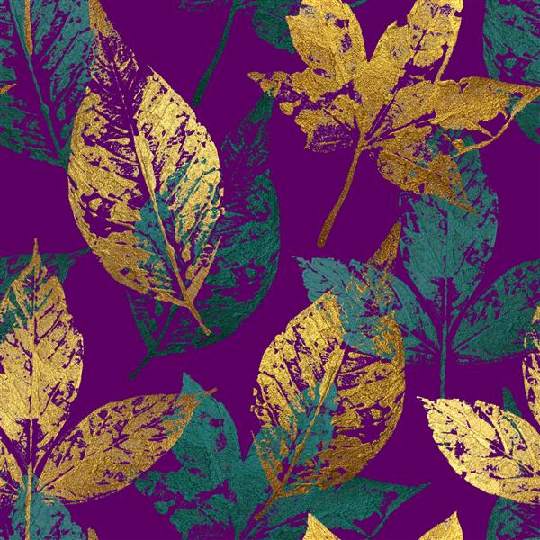 الگوی بدون درز طلایی و برگ سبز در زمینه بنفش تصویر گل به سبک گرانج برای پارچه دکوراسیون و کاغذ
