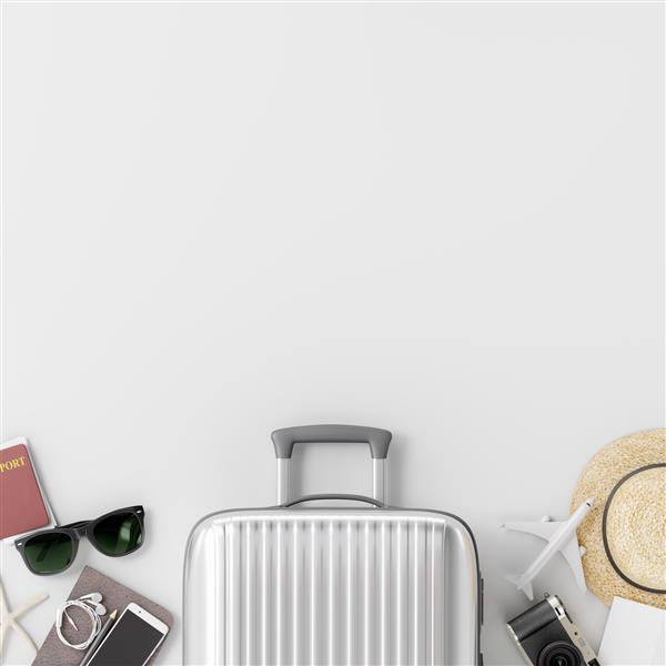 چمدان با لوازم جانبی مسافر در زمینه سفید مفهوم سفر رندر سه بعدی