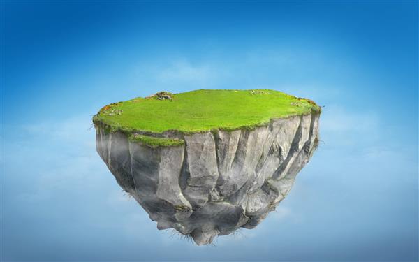 جزیره شناور فانتزی سه بعدی با زمین چمن سبز در آسمان آبی کوه سنگی شناور سورئال با تصویر سه بعدی مفهومی بهشتی