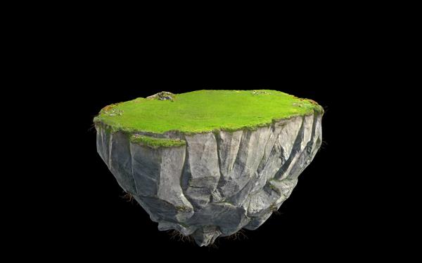 جزیره شناور فانتزی سه بعدی با زمین چمن سبز جدا شده روی کوه سنگی شناور سیاه سورئال با تصویر سه بعدی مفهومی بهشتی