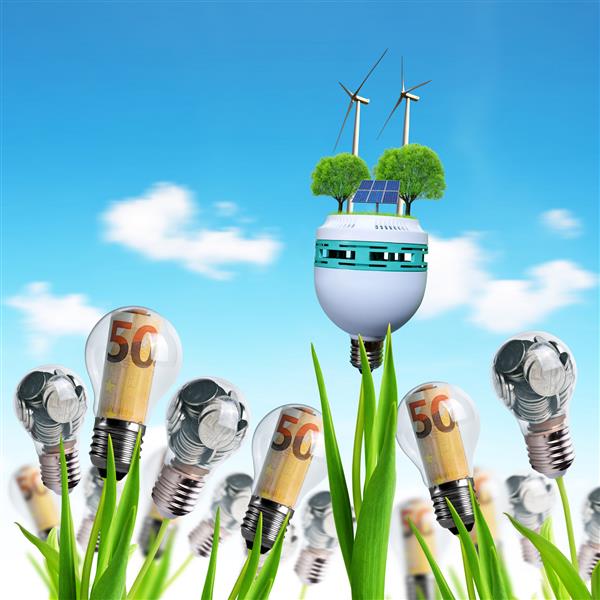 لامپ با توربین های بادی پنل خورشیدی و سکه های روی یک گیاه مفهوم پس انداز پول موضوع انرژی جایگزین