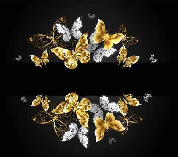 طراحی با پروانه های طلایی جواهرات و پروانه های سفید واقعی در زمینه مشکی