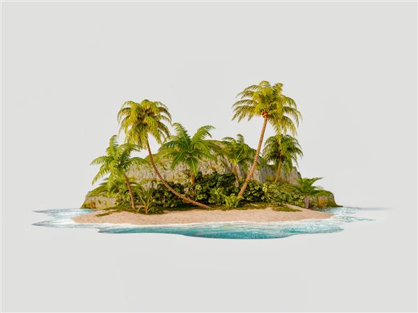 تصویر سه بعدی غیرمعمول از یک جزیره گرمسیری مفهوم سفر و تعطیلات