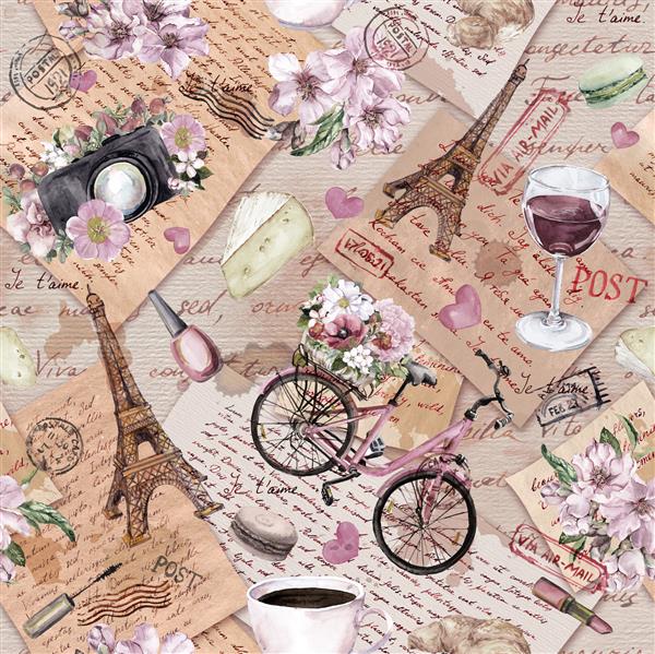 الگوی بدون درز سفر به فرانسه برج ایفل گل ها دوچرخه شراب قلب ها روی بافت کاغذی قدیمی یادداشت های دست نویس کارت پستال علائم پستی و تمبر تکرار پس زمینه قدیمی در مورد پاریس