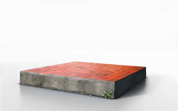 مقطع زمین شناسی زمین بتنی مکعبی با جاده آجر قرمز تصویر سه بعدی اکولوژی زمین سنگی ناهموار جدا شده در پس زمینه سفید