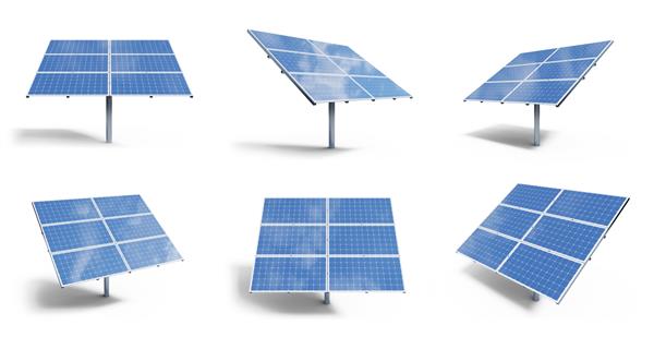 پانل های خورشیدی با تصویر سه بعدی جدا شده در پس زمینه سفید مجموعه پانل های خورشیدی با بازتاب آسمان آبی زیبا مفهوم انرژی های تجدیدپذیر زیست محیطی انرژی پاک اکو انرژی سبز سلول های خورشیدی