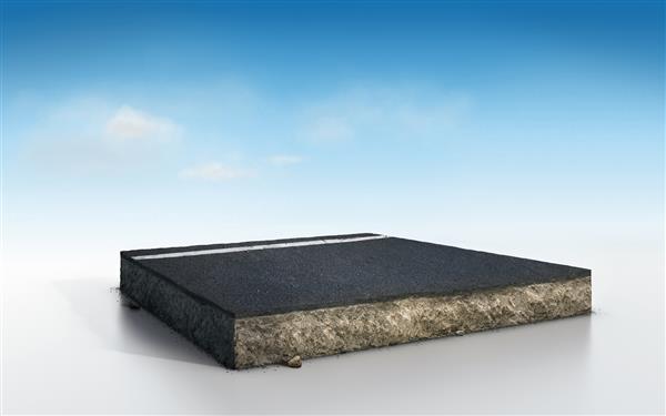 مقطع زمین شناسی خاک مکعبی با جاده آسفالت تصویر سه بعدی خاک و اکولوژی صخره جدا شده بر روی آسمان آبی با ابرها