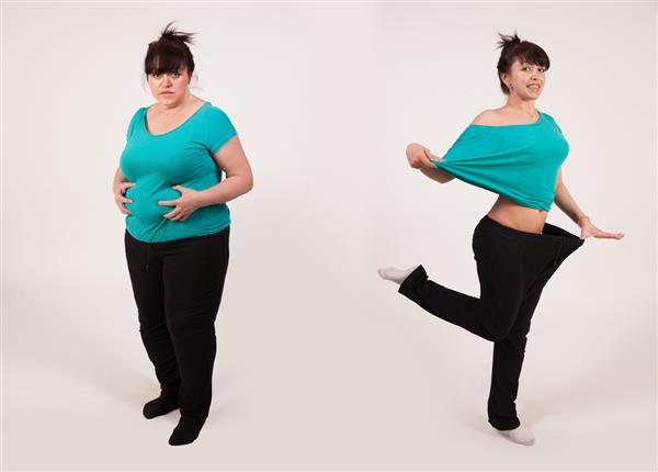 زن جوان قبل و بعد از کاهش وزن رژیم غذایی و تناسب اندام سبک زندگی سالم لیپوساکشن مفهوم تغذیه بلند کردن