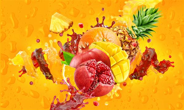 آب میوه های انبه سالم انار آناناس پرتقال مایعات را با هم مخلوط می کنند آب میوه‌های تازه با هم پاشیده می‌شود - آب پرتقال آناناس انار آب انبه مسیر برش سه بعدی