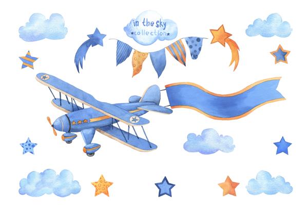 ست پرواز آبرنگ اشیاء نقاشی شده با دست هواپیمای قدیمی ستاره ها گلدسته پرچم ها ابرهای جدا شده در زمینه سفید ست برای تولد ماشین دوش نوزاد