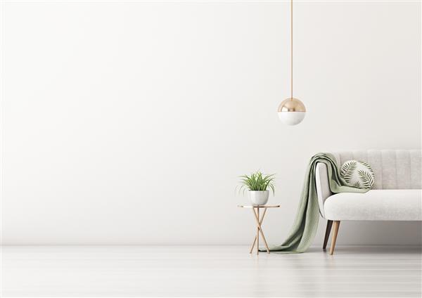 ماکت دیوار داخلی اتاق نشیمن با مبل مخملی خاکستری بالش گرد با طرح استوایی چهارخانه سبز میز قهوه‌خوری گیاه و چراغ روی پس‌زمینه دیوار سفید خالی رندر سه بعدی تصویرسازی