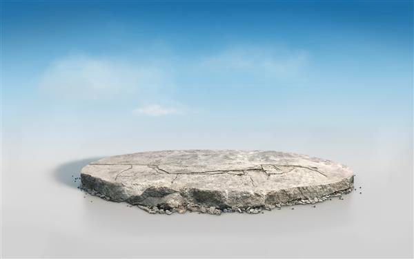 کف بتنی ترک جدا شده در تصویر سه بعدی مقطع دایره ای زمین سنگی در آسمان آبی بریده شده گرد
