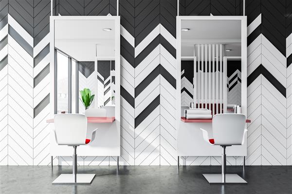 طراحی داخلی آرایشگاه با دیوارهای خاکستری و سفید کف بتنی میز و صندلی قرمز و آینه های بزرگ مفهوم مراقبت های بهداشتی و مد رندر سه بعدی