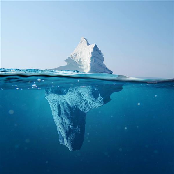 کوه یخی زیبا در اقیانوس با منظره زیر آب مفهوم گرمایش جهانی ذوب شدن یخچال های طبیعی