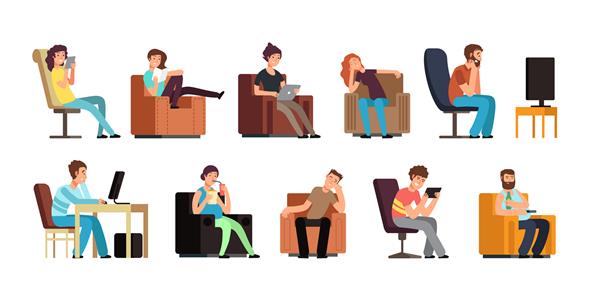 زن و مرد بی تحرک روی مبل در حال تماشای تلویزیون تلفن خواندن شخصیت های کارتونی سبک زندگی تنبل جدا شده اند تصویر صندلی راحتی آرامش بخش خواندن و تماشا به موبایل