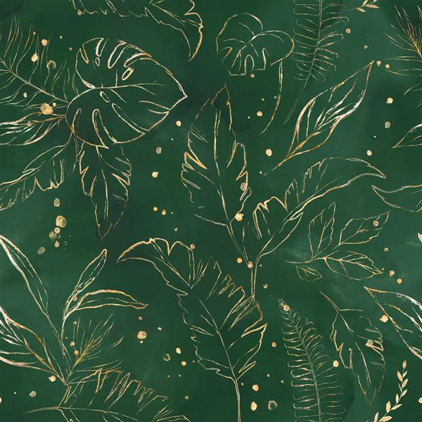 الگوی بدون درز با برگ های طلایی گرمسیری پس زمینه طراحی شده با دست الگوی گیاه شناسی برای کاغذ دیواری یا پارچه کاشی عجیب و غریب