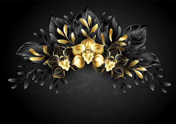 تاج گل ارکیده جواهرات با برگ های طلایی و تیره ارکیده سیاه