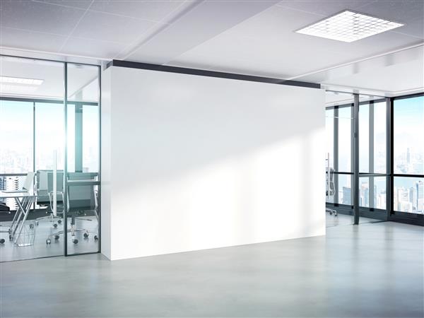 دیوار سفید خالی در دفتر بتونی روشن با رندر سه بعدی موکاپ پنجره های بزرگ