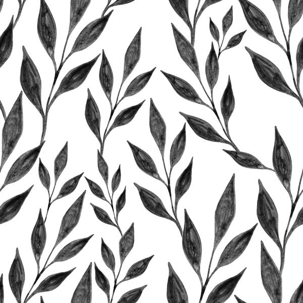 الگوی بدون درز برگ های سیاه و سفید در پس زمینه سفید تصویر گیاه شناسی آبرنگ با دست کشیده شده است