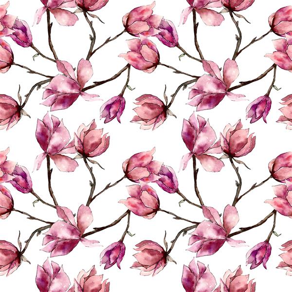 گل های گیاهی ماگنولیا صورتی گل وحشی برگ وحشی بهاری مجموعه تصویرسازی آبرنگ آکواریل مد طراحی آبرنگ الگوی پس زمینه بدون درز بافت چاپ کاغذ دیواری پارچه ای