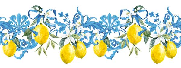 الگوی آبرنگ بدون درز با لیمو و تزئینات باروک الگوی آبی مدیترانه ای لیموهای زرد با گل کاغذ دیواری های افقی