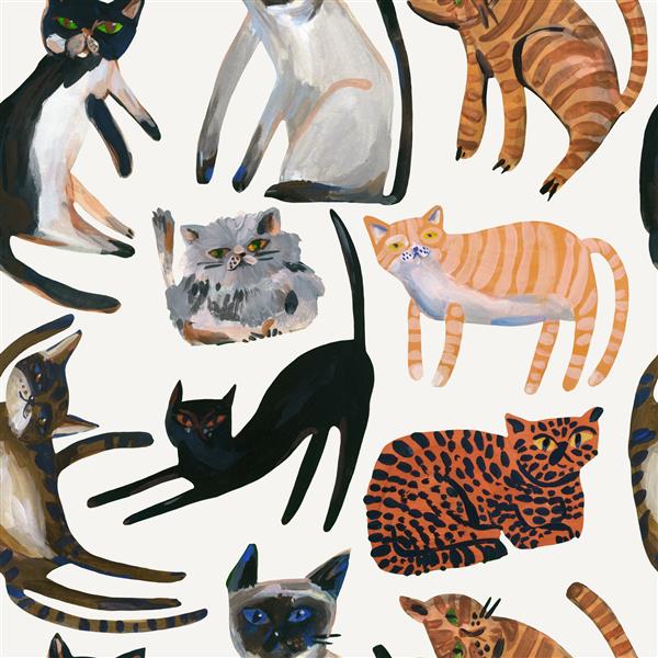 الگوی بدون درز گربه های ناز آبرنگ پس زمینه هنر گربه شیرین طراحی مهد کودک به سبک اسکاندیناوی پس زمینه کودک نقاشی شده با دست برای پارچه پارچه کاغذ بسته بندی و غیره