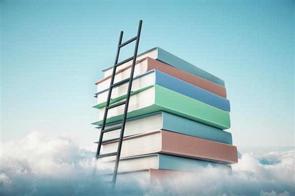 پشته کتاب انتزاعی با نردبان در آسمان با پس زمینه ابر مفهوم آموزش و رشد رندر سه بعدی