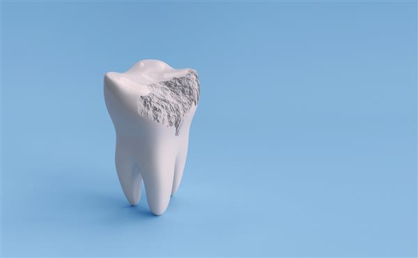 دندان آسیب دیده جدا شده روی پس زمینه آبی با مسیر برش تصویر رندر سه بعدی