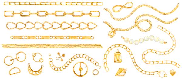 مجموعه ای از عناصر جدا شده آبرنگ زنجیره طلای لوکس طناب جواهرات طلایی برای الگوی پارچه یا کاغذ دیواری