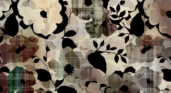 گرافیک هنری و پس زمینه تک رنگ پاییزی آبرنگ با طرح برگ و گل در سیاه خاکستری و سفید