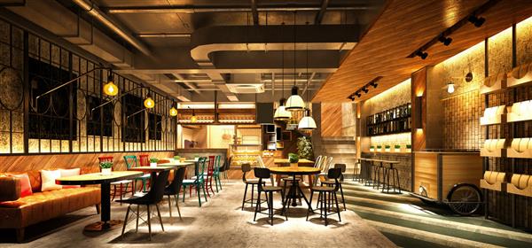 رندر سه بعدی کافه رستوران به سبک چوبی