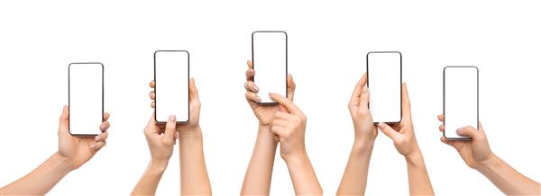 مجموعه ای از دست های زن با استفاده از گوشی هوشمند با صفحه خالی جدا شده در پس زمینه سفید پانوراما