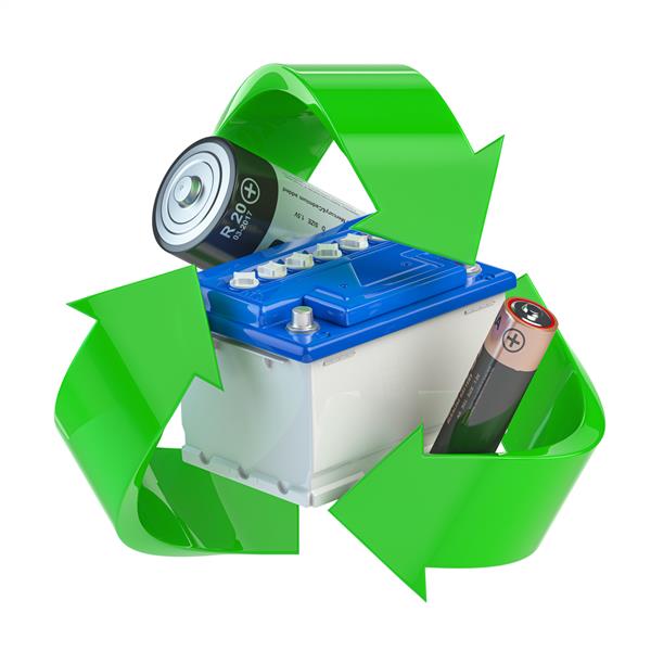 تابلوی بازیافت با انواع مختلف باتری و خمیر ماشین مفهوم اکولوژی و انرژی سبز تصویر سه بعدی
