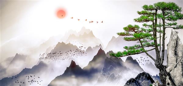 نقاشی منظره ای از درختان کاج کوه های دور ابرها و طلوع خورشید سبک نقاشی چینی جوهر و منظره