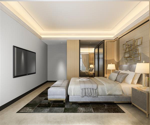 رندر سه بعدی سوئیت اتاق خواب لوکس کلاسیک زیبا در هتل با تلویزیون