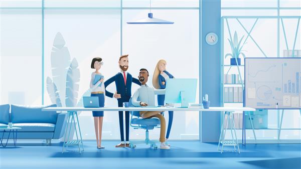 مفهوم کار تیمی کسب و کار تصویر سه بعدی شخصیت های کارتونی دفتر مدرن تیمی از کارمندان روی کامپیوتر کار می کنند پس زمینه آبی