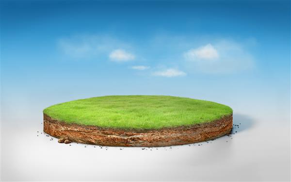 رندر سه بعدی دایره ای واقع گرایانه کف زمین بریده شده با صخره ایزوله شده در آسمان آبی تصویر سه بعدی خاک گرد سطح مقطع با زمین زمین و چمن سبز