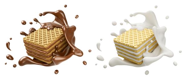 مجموعه ای از بیسکویت ویفر مربعی با شکلات و شیر رندر سه بعدی
