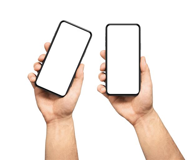 دست مردی که صفحه خالی گوشی هوشمند مشکی را با طراحی مدرن بدون قاب دو حالت عمودی و چرخان در دست گرفته است - جدا شده روی پس‌زمینه سفید