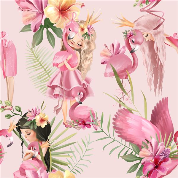 طرح گل‌های زیبای استوایی بدون درز کاشی‌کاری آبرنگ پس‌زمینه با پرندگان فلامینگو صورتی و دختران شاهزاده خانم