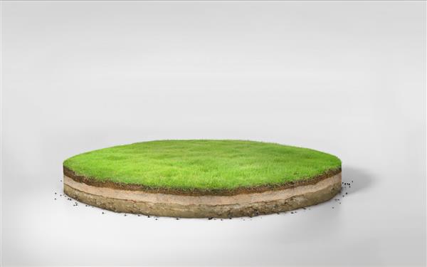تصویر سه‌بعدی سطح مقطع زمین گرد با زمین خاکی و چمن سبز رندر سه‌بعدی دایره‌ای واقع‌گرایانه کف زمین بریده شده با سنگ جدا شده روی سفید
