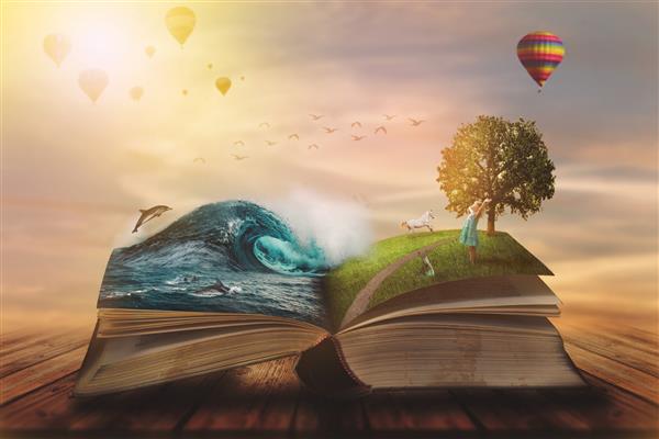 مفهوم کتاب جادوی باز صفحات باز با آب و زمین و کودک کوچک فانتزی طبیعت یا مفهوم یادگیری با فضای کپی