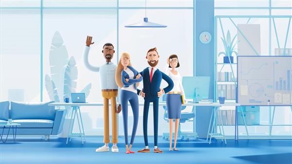 مفهوم کار تیمی کسب و کار تصویر سه بعدی شخصیت های کارتونی تیم کاری از متخصصان در فضای داخلی دفتر ایستاده اند