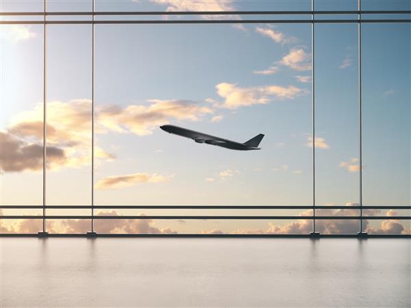 فضای داخلی و پنجره های انتظار فرودگاه با نمای چشم انداز مفهوم سفر و سبک زندگی رندر سه بعدی