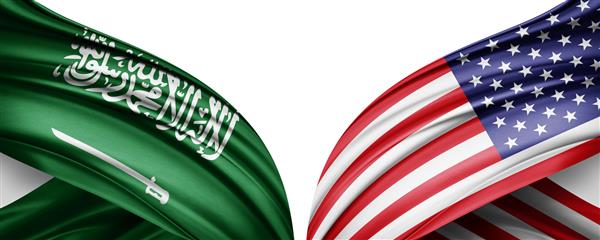 پرچم ابریشم عربستان سعودی و آمریکا با فضای کپی برای متن یا تصاویر شما و پس زمینه سفید - تصویر سه بعدی