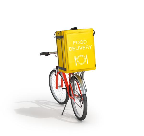 تحویل دوچرخه کیسه زرد تحویل غذا دوچرخه تصویر سه بعدی