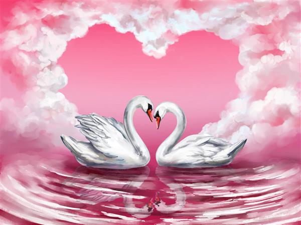 دو پرنده قو سفید روی یک برکه با هم در پس زمینه آسمان با ابرهایی به شکل قلب نماد عشق کارت روز ولنتاین عروسی تصویر هنری نقاشی شده با آبرنگ