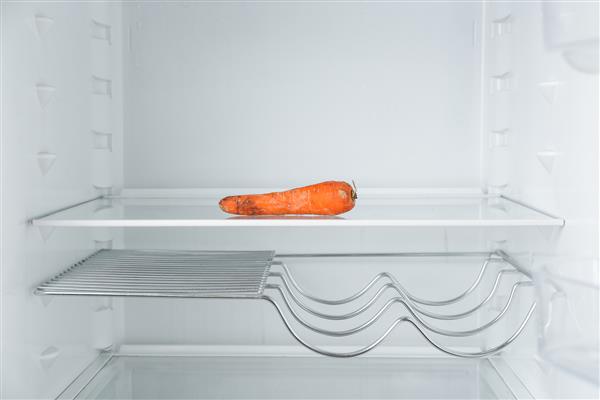 هویج قدیمی در قفسه خالی در یخچال