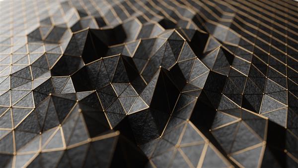 تصویر انتزاعی سه بعدی cg سطح سیاه چند ضلعی کم خطوط مثلثی هندسی پس زمینه فناوری حرکت رندر سه بعدی قطعات مثلثی پس زمینه لوکس خطوط نئون طلایی